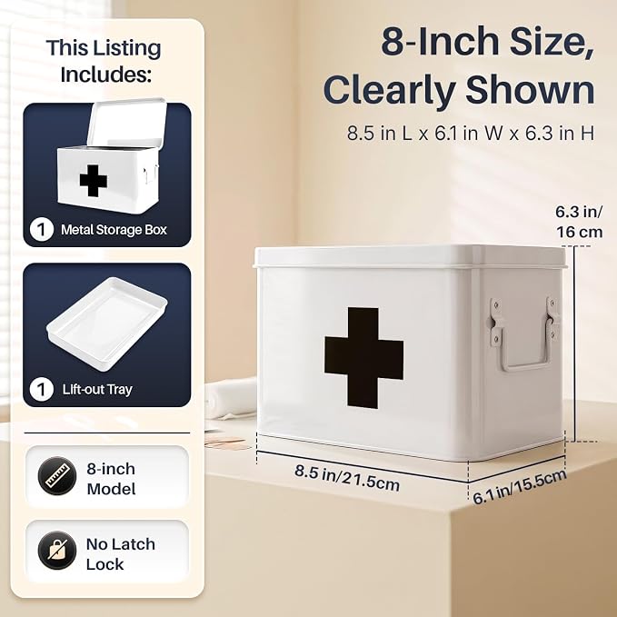 Flexzion Large Metal First Aid Box Empty, 8.5-Inch, White with Black Cross | Vintage Medicine Box and First Aid Storage Organizer with Removable Tray and Dividers; Empty Box Only, Supplies Not Included