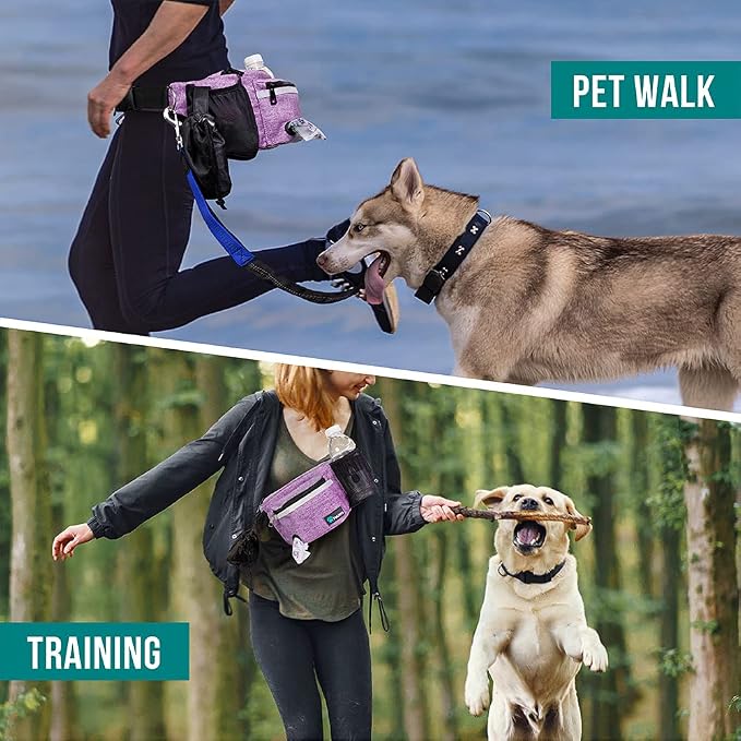 PetAmi Dog Fanny Pack, Treat Pouch for Dog Walking Training, Purple | Built in Poop Bag Dispenser, Water Bottle Holder, Collapsible Bowl, Pet Treat Waist Belt for Hiking Running Kibbles