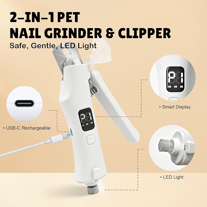 2-in-1 Dog Nail Clippers and Grinder with LCD Battery Display - Professional Cat Claw Trimmer with Built-in Safety Light & Guard, Ultra Quiet Rechargeable Pet Claw Grooming Tool for Large & Small Pets