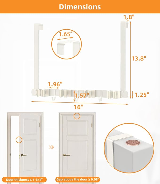 Broom Holder Over The Door with Hooks -304 Stainless Steel (light beige) | Save Space, Anti-Rust & Sturdy, Mop and Broom Holder Wall Mounted or Hanging Over The Door, for Garage Laundry Kitchen