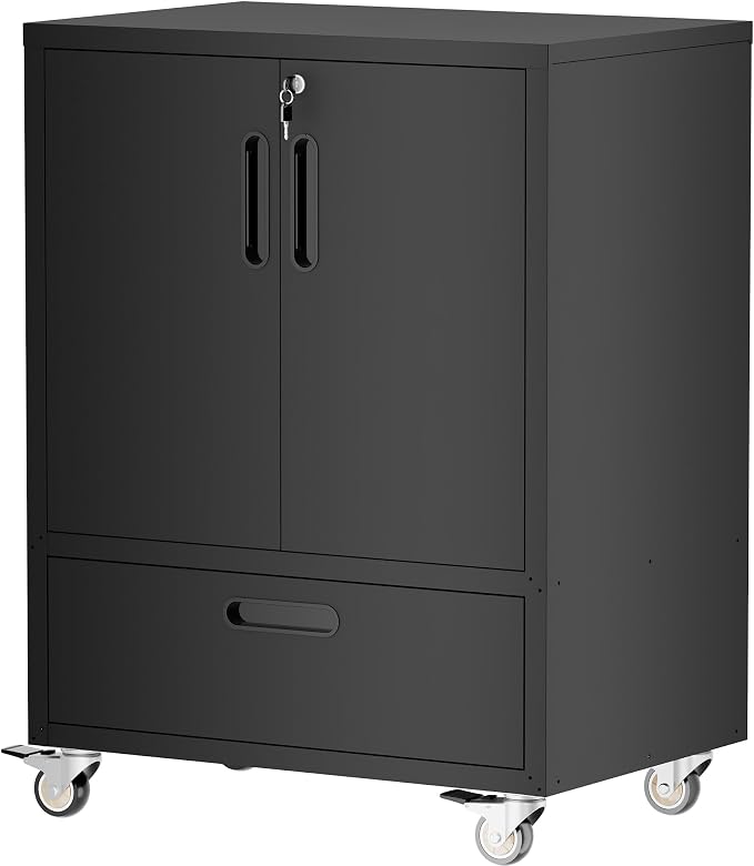 Metal Storage Cabinet for Garage, Tool Cabinet, Utility Cabinet | Wheeled, Rolling Tool Cabinet, Lockable, 2 Doors,1 Drawer, Assembly Required, Black