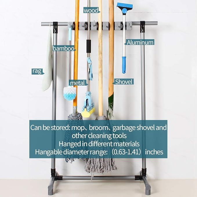 Broom Mop Holder Floor-Mounted mop Rack Cleaning Tool storage for laundry room closet organizer (6racks)