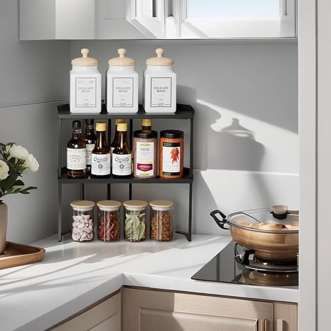 Stackable Metal Kitchen Cabinet Organizer,Kitchen Corner Shelf with Non-Slip Mat,Bathroom Organizer,Storage Shelf for Cabinet/Bathroom/Countertops/Utensils