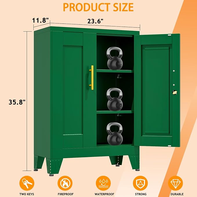 Small Metal Storage Cabinet, Lockable Tool Cabinet with Doors and 2 Shelves | Compact 23.6-Inch Width, 2 Adjustable Shelves, Locking Doors, Magnetic Closure, Adjustable Feet, Cold-Rolled Steel