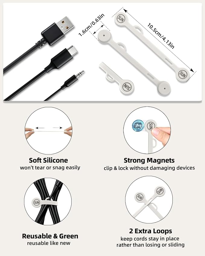 Magnetic Cord Organizer Cable Cord Organizer Magnet Clips Design Patented Silicone Twist Tie Strap Holder Cord Wrap Keepers Reusable Multi-Purpose Home Office School Gifts 10 Pack White