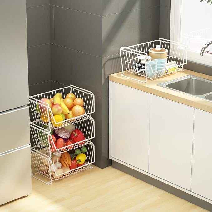 PUSDON 6-Tier Tall Stackable Wire Storage Baskets with Wheels, Vertical Metal Rolling Utility Cart, High Capacity Produce Basket for Kitchen Pantry, Snack Organizer, Classic White