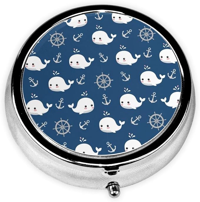 Pocket Pill Box, Navy Nautical Wheels Anchor Cute Whale Compact Round Dispenser, Travel Organizer for Supplements, Waterproof Case Purse Carry for Hiking