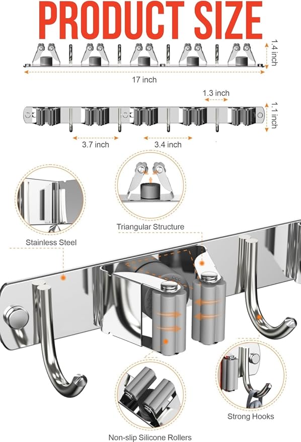 Mop and Broom Holder Wall Mount, Upgraded Broom Hanger Wall Mount, Stainless Steel Broom Organizer for Closet Garage Laundry Room Kitchen Wall Decor(5Racks 4Hooks Silver)