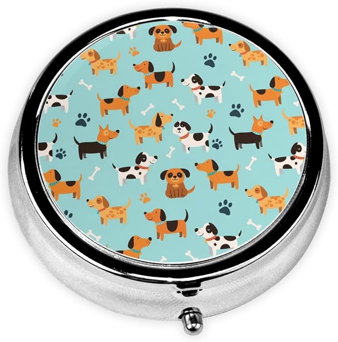 Mini Pill Organizer, Cute White Brown Dogs Round Compact Dispenser, Portable Holder for Fish Oil, Travel Pill Box Purse Use for Students