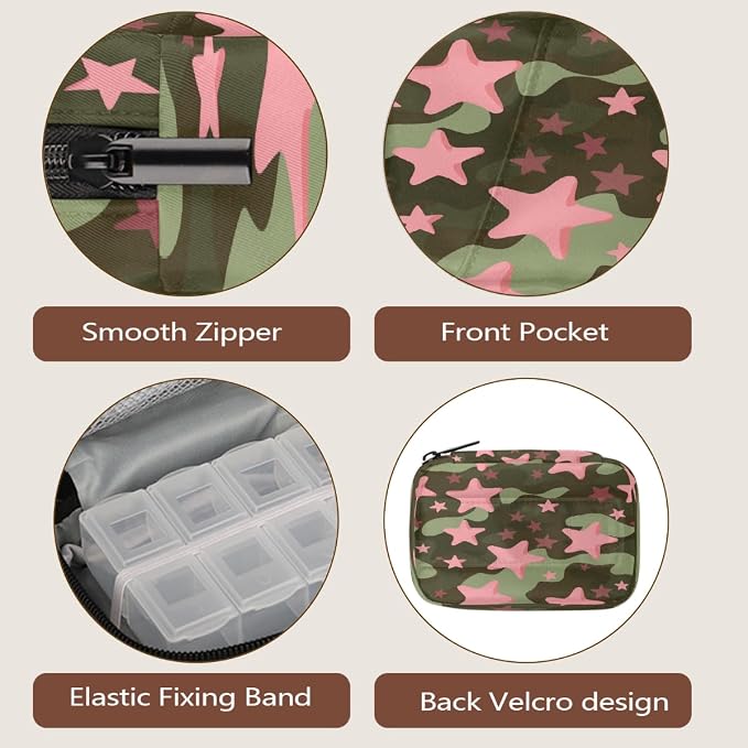 Weekly Pill Organizer Travel Size Bag with Removable 7 Day Pill Box Portable Vitamin Case Purse with Zipper,Star Camo Pattern