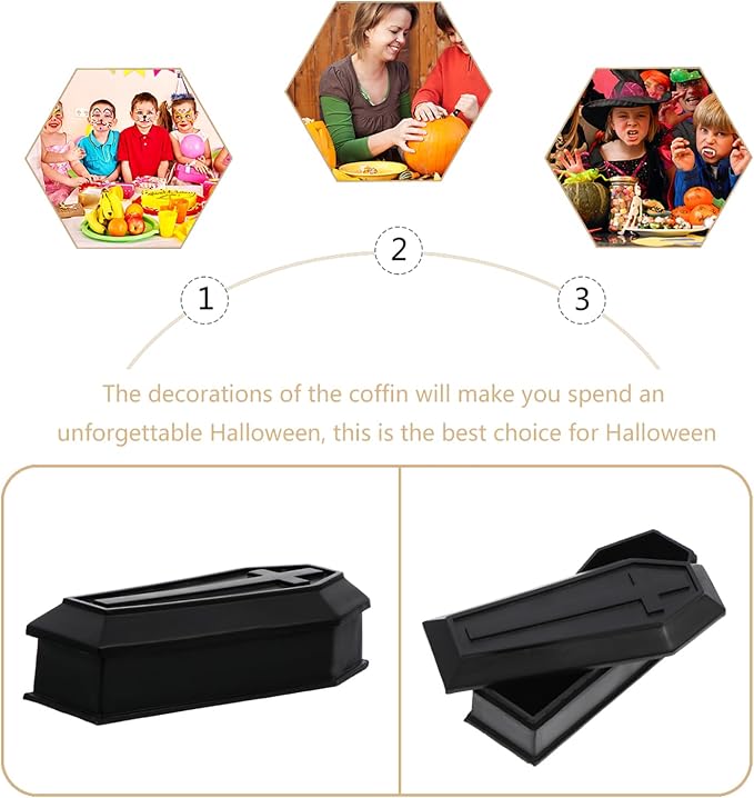 Healifty Mini Coffin Box Pet Casket Box with Lid for Halloween Decor | Black Small Plastic Casket Model for Trinkets, Candy, Dollhouse Scenes, Spooky Tables, Haunted Houses and Party Favors