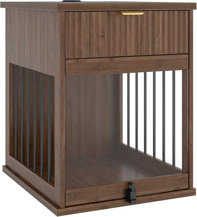 23.6" Small Dog Crate End Table with Charging Station, Dogs Kennel Furniture with Tempered Glass Door and Drawer, Wooden Decorative Dog Crates for Small Medium Dogs, Walnut