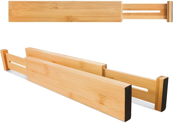 VaeFae 12-Pack Adjustable Bamboo Drawer Dividers, Expandable Drawer Organizer for Kitchen Utensils, Clothes, Bathroom, Office – Fits Drawer Interiors 16.6" to 21.8"