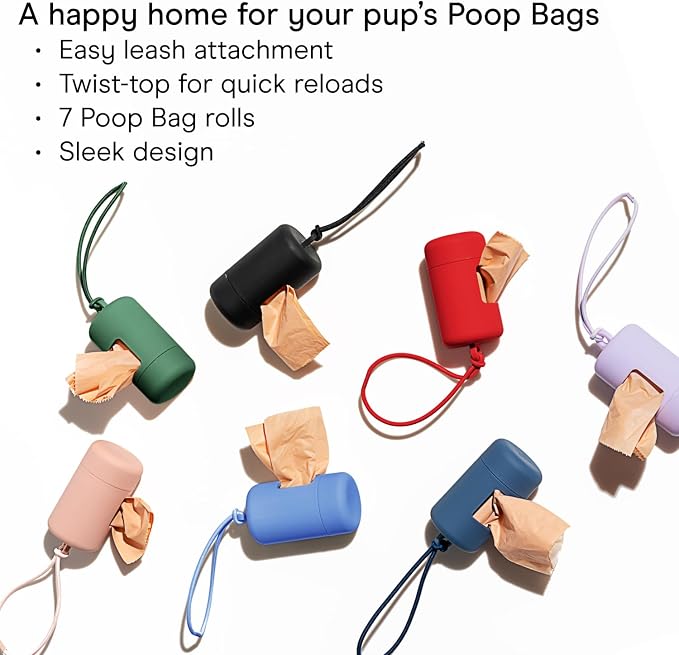 Wild One Dog Poop Bag Holder and Dispenser with Leash Attachment, Leak Proof, Easy Twist Top for Refills, Includes 1 Box Of Bags, Moonstone