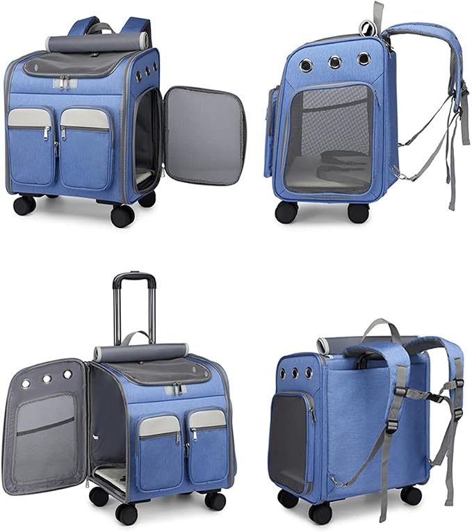 Wheeled Pet Carrier Backpack Pet Stroller, Travel Carrier, Car Seat for Small Dogs Cats Puppies, Comfort Cat Backpack Removable Rolling Wheels – Mesh Ventilation Windows (Large Blue)