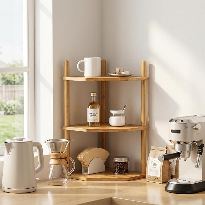 2Pc 3-Tier Bamboo Corner Shelf,Kitchen Countertop Organizer,Corner Countertop Organizer Shelf, Coffee Bar Organizer,Coffee Bar Accessories,for Kitchen, Pantry, Organizers and Storage