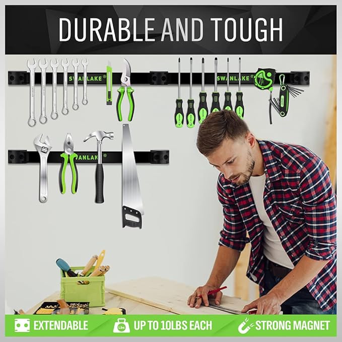 SWANLAKE GARDEN TOOLS 4-Piece 12" Magnetic Tool Holder Storage Organizer, Wall Mount Rack Garage Organization, Magnetic Strip for Garage Organization