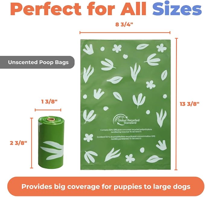 Best Pet Supplies GRS Poop Bags for Dogs - 150 Count, Green, Unscented | Unscented, 50% Post-Consumer Recycled Plastic, Leak-proof, Easy-Tear perforations, Thick Bags, Fits Standard Holders