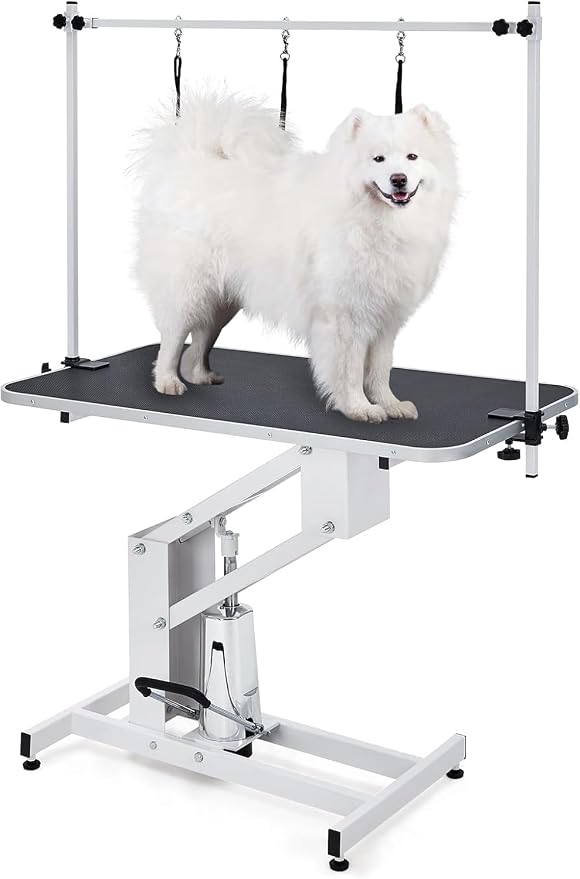 GarveeLife 43.3" Hydraulic Dog Grooming Table for Pet, Heavy Duty Structural Hydraulic Max Load 350Lbs Professional Pet Grooming Table with Adjustable Overhead Arm & Noose Height Range 22"-39" (White)