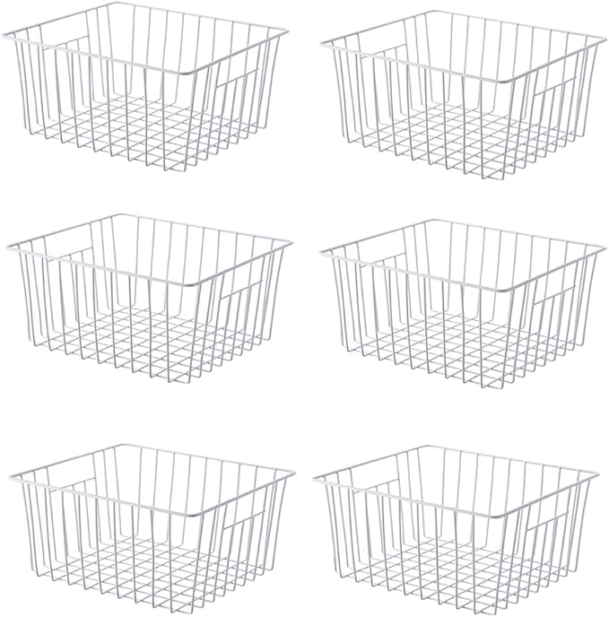 Freezer Organizer Bin, Kitchen Metal Wire Storage Basket, Pantry Cupboard Household Container Divider with Handles, Rustproof - White