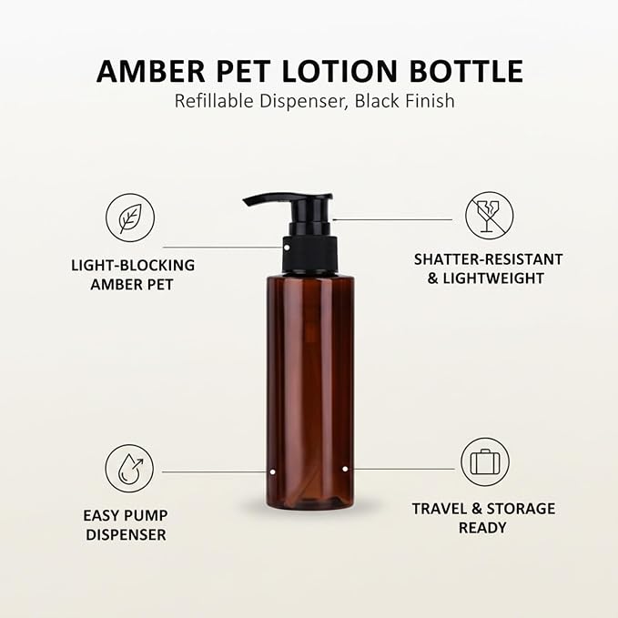 Amber PET Lotion Pump Bottle, Durable Refillable Dispenser for Travel & Shower, Black Finish