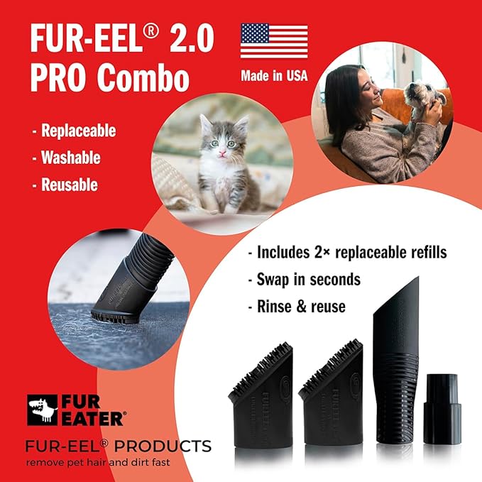 FUR-EEL Pet Hair Removal Vacuum Attachment for Car Detailing, 2.0 Pro Combo with 2 Replaceable Rubber Brush Heads, No Clog Airflow, Fits 1 1/4 and 1 3/8 in Hoses, 32mm and 35mm