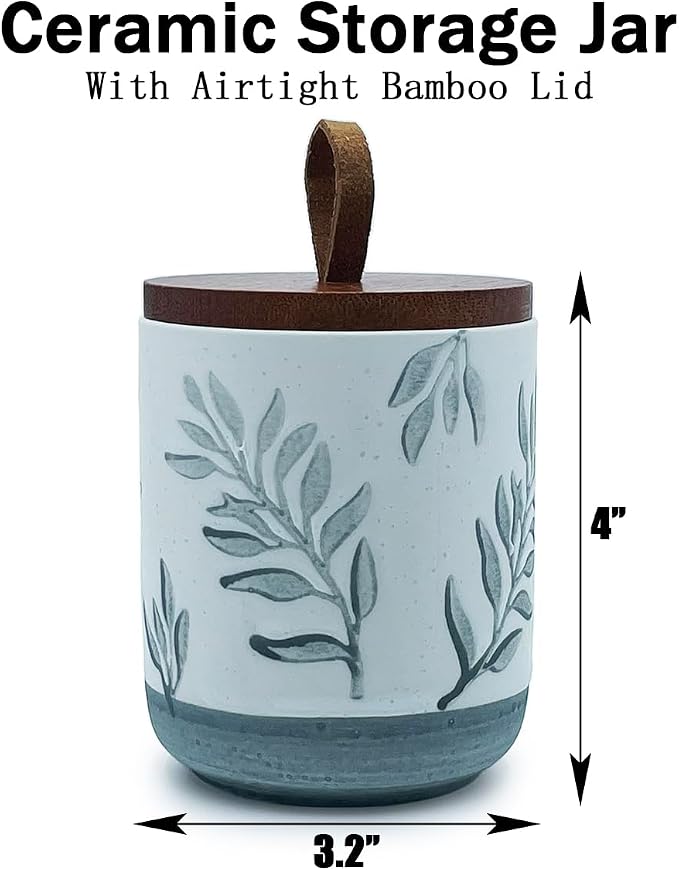 10oz Ceramic Airtight Food Storage Container with Wooden Spoon for Sugar,Matcha,Salt,Coffee,Spices,Cat Treat,Loose Leaf Tea(Gray-Green Olive Leaves)