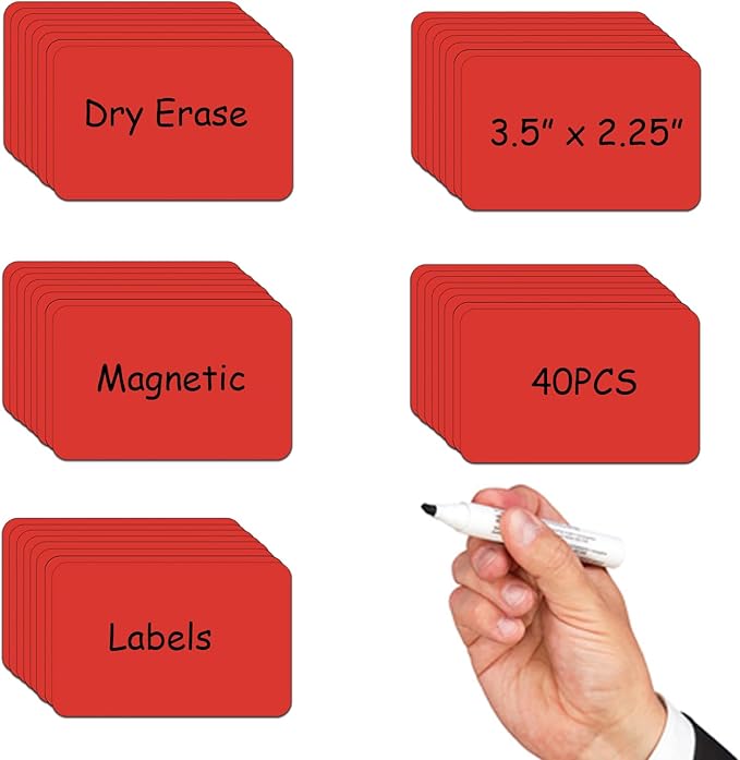 3.5x2.25 Magnetic Name Tags (Pack of 40),Write On Magnets,Teacher Must Have for Classroom,Supplies Office&Cabinet&whiteboard&Fridge&Locker (Red)