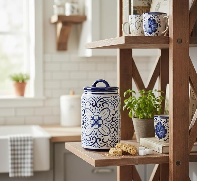 Young's Inc Ceramic Blue and White Talavera Treat Jar with Silcione Seal, 8 Inch Decorative Farmhouse Canister for Kitchen, Countertop, Storage Jar for Cookies, Tea, Sugar, Candy