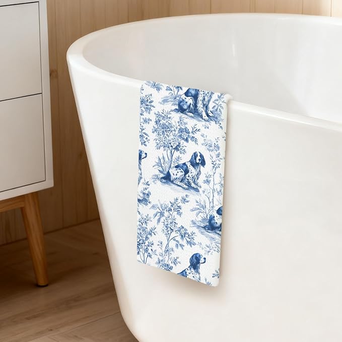 Brittany Spaniel Kitchen Dish Towels,Blue and White Floral Dog Towel Dish Tea Towels, Chinoiserie Decor for Kitchen Bathroom,Spaniel Gifts for Dog Lover Mom Dad,16x24 Inch