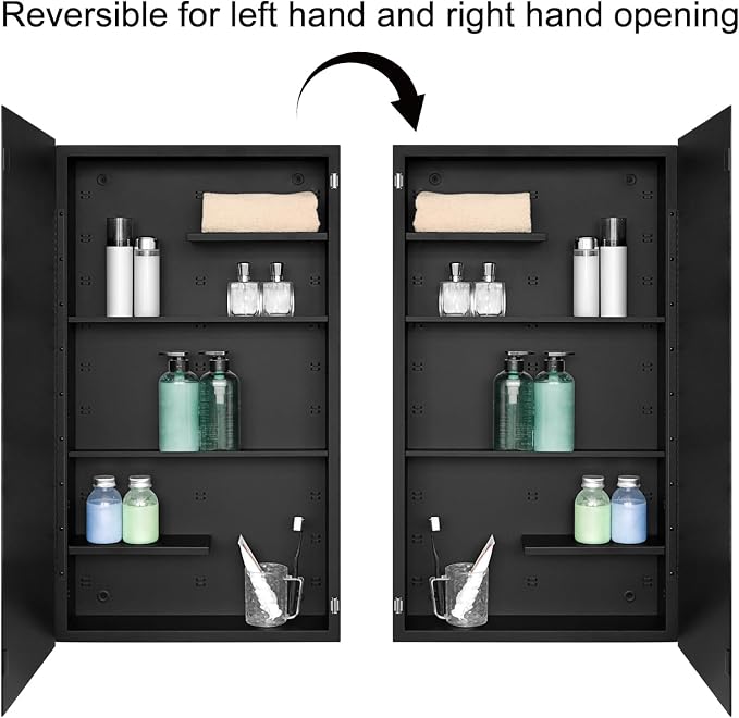 Black Metal Medicine Cabinet, 20 x 36 Beveled Mirror, Recessed Wall Storage | Recessed or Surface Mount Mirrored Cabinet with Adjustable Staggered Shelves, Piano Hinge, Reversible Door Swing, Matte Black