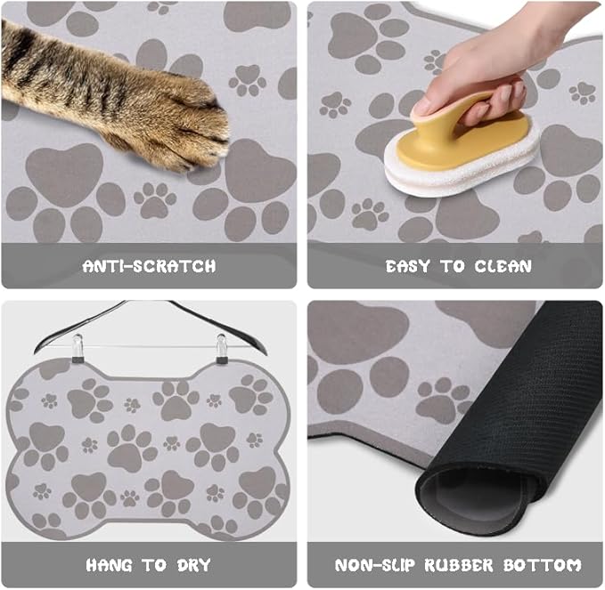 Dog Food Mats for Floors Waterproof, Pet Feeding Absorbent Water Bowl Mat Cat Placemats Gray Bone Shape 23.6 * 15.7 inch