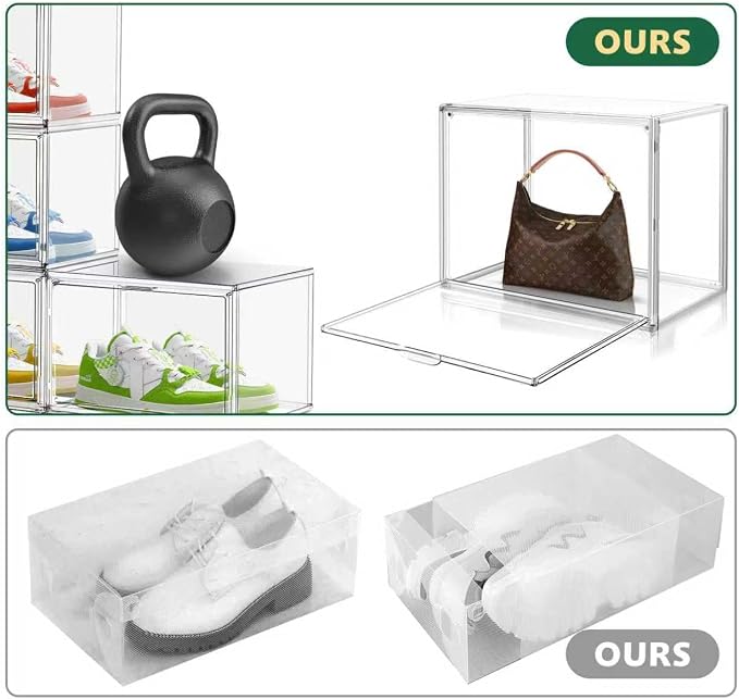 10 Pack Acrylic X-Large Sneaker Shoe Storage Size 14, Wide Magnetic Door | Acrylic Display Case Shoe Boxes Clear Plastic Stackable Bins Boot Handbag Organizer Shoe Cabinet with Magnetic Lids
