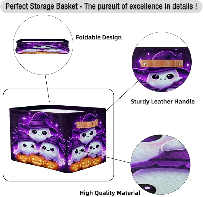 Halloween Basket Storage Bins Rectangle Canvas Basket Cube Storage Box | Nursery Foldable Basket with Handle for Kids Girls Boys Toys Living Room Closet Organizer Shelf Gifts Spooky Decor (261)