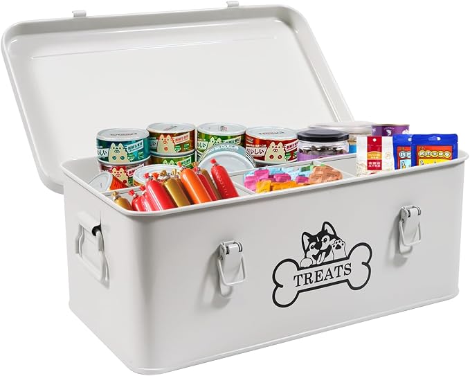 Metal Dog Treat Container, 4 Compartment Dog Treat Organizer | Dog Treats Storage Box with Lid, Rectangular Dog Cat Treats Station, Durable and Great Gift for Pet Owners
