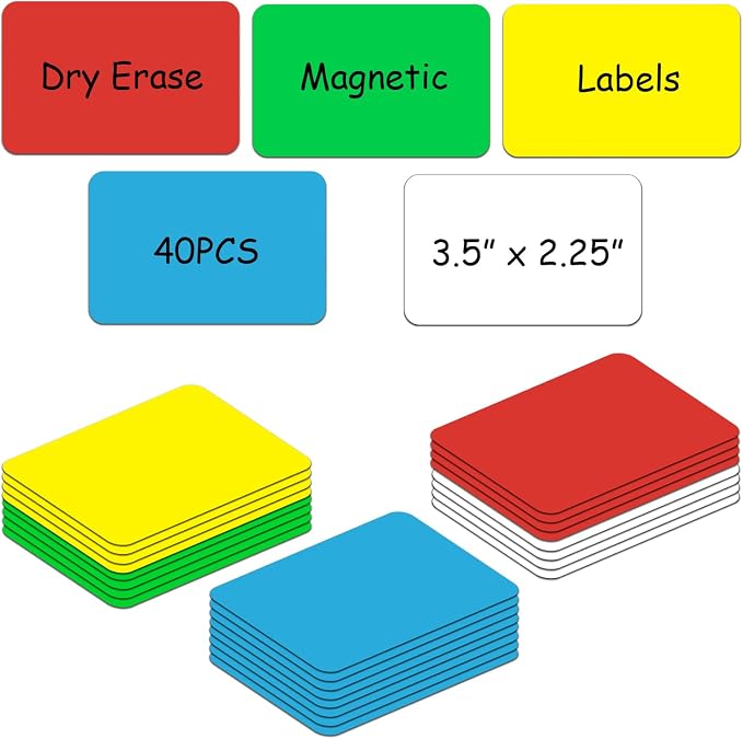 Dry Erase Magnetic Labels,3.5x2.25 Card Size,Pack of 40,Write On Magnets,Teacher Must Have for Classroom,Supplies Office&Cabinet&whiteboard&Fridge&Locker (Multicolor)