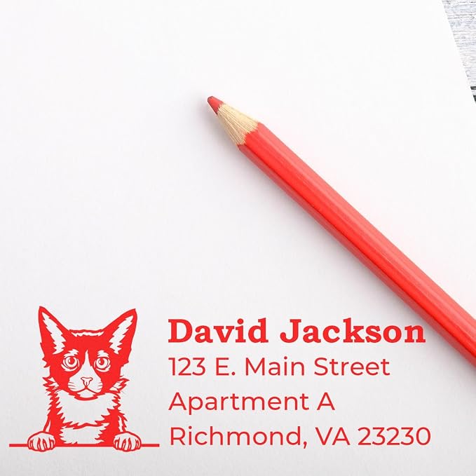 Peeking LaPerm Cat Wood Handle Address Stamp - Custom Rubber Stamp | Any standard pad works. Envelope Stamp with LaPerm Cat Design. Rubber Address Stamp for Pet Sitters Personalized. 4 lines.
