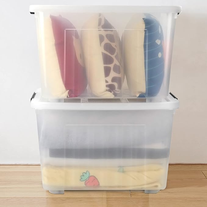 70 Qt Stackable Plastic Storage Bins with Lids, 4 Pack | Clear Heavy-Duty Tote Containers, Wheels, Nesting and Stackable Design, Closet, Garage, Pantry Storage