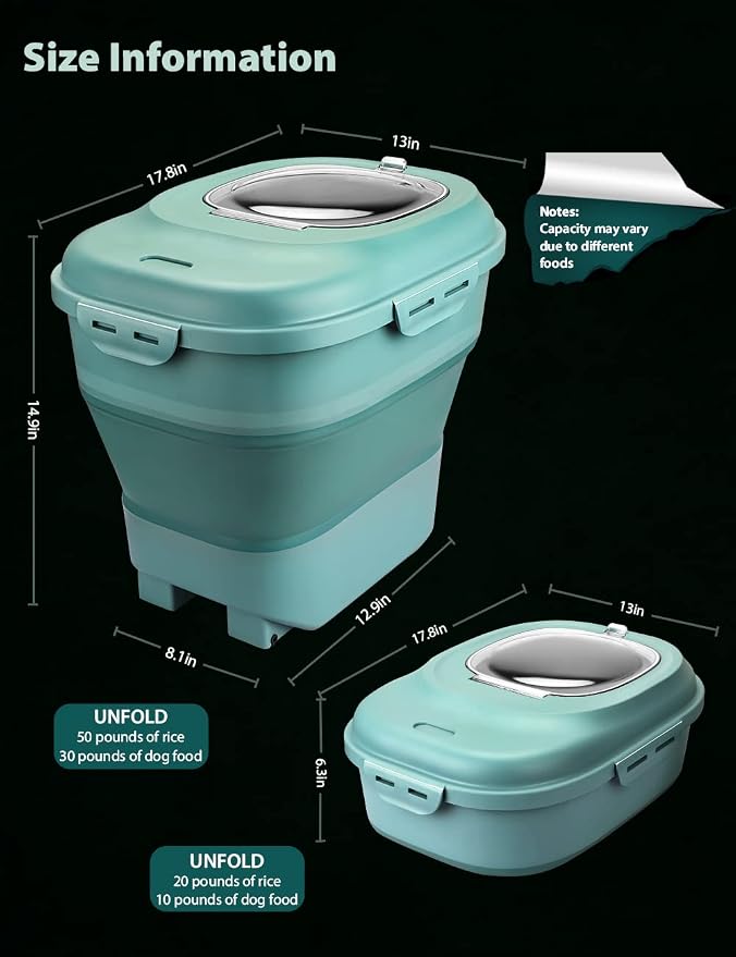 Viretec Cereal Rice Storage Containers, 20 to 50Lbs Collapsible Dry Food Dispenser Bins with Airtight Flip Lid Rolling Wheel, Kitchen Pantry to Store Sugar Flour, Dog Pet Cat Food Holder Container