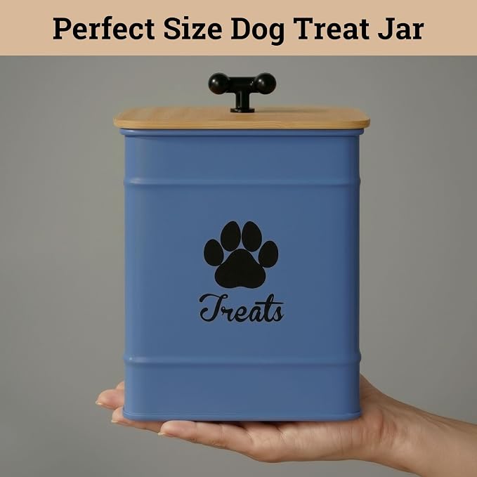 Dog Treat Container Airtight, 6"W x 8"H, Powder Coated, 12 Cup Capacity | Fits All Popular Treats, 12 Cup Capacity, Airtight Bamboo Lid, Easy Open Lid, Dent-Resistant Durable Metal Bone-Shaped Handle