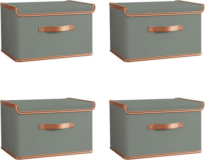 Tuza 4 Pack Storage Bins with Lids, Collapsible Closet Organizer Container, Fabric Organizer Box with Handles, Decorative Storage Boxes with Lids for Organizing Clothes, Blanket, Grey, Extra Large