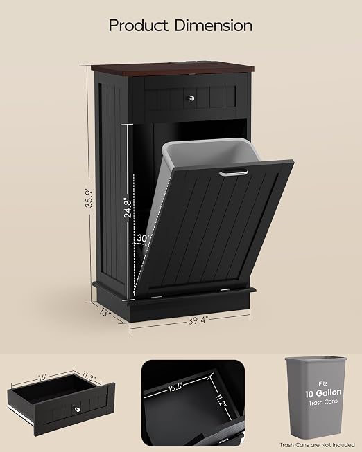 Betterhood Single Tilt Out Trash Cabinet with Power Outlet, Wooden Hidden Garbage Can Holder with a Big Storage Drawers for Kitchen, Living Room, Laundry, Black