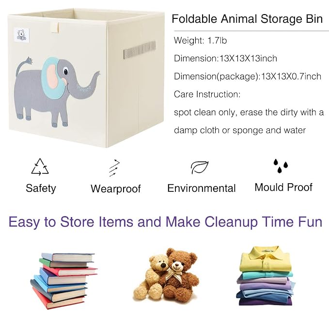 13 Inch Animal Cube Storage Bins, Foldable Fabric Kids Toy Box & Toy Chest | Kids Storage Cubes, Toy Storage Organizer Basket for Toddlers, Boys and Girls, Playroom and Nursery (Cute Elephant)