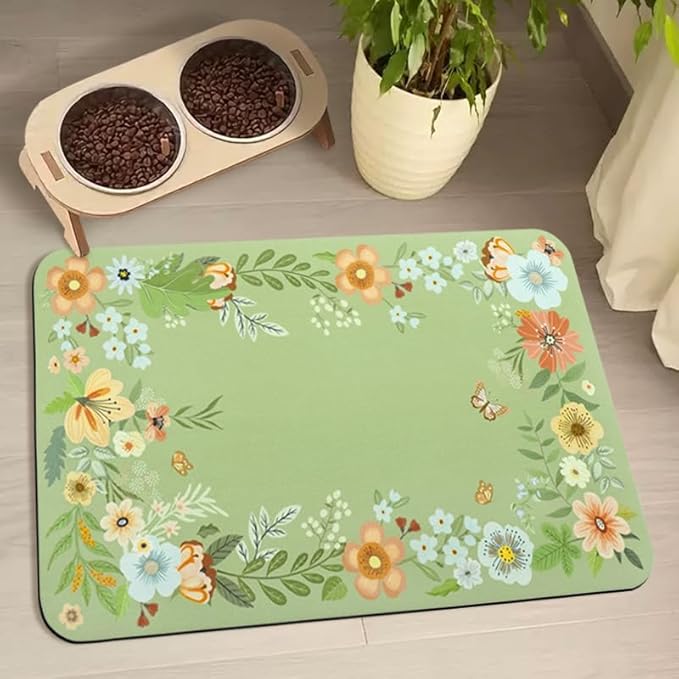 Dog Food Mats for Floors Waterproof, Pet Water Bowl Mats Pet Feeding Absorbent Placemats Flower 12 * 20 inch