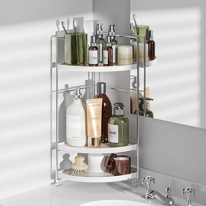 3-Tier Corner Shelf Bathroom Counter Organizer, White | Multi-Space Storage Tray, Holds Spices, Cosmetics, Lotion, Space-Saving for Sink, Vanity and Kitchen