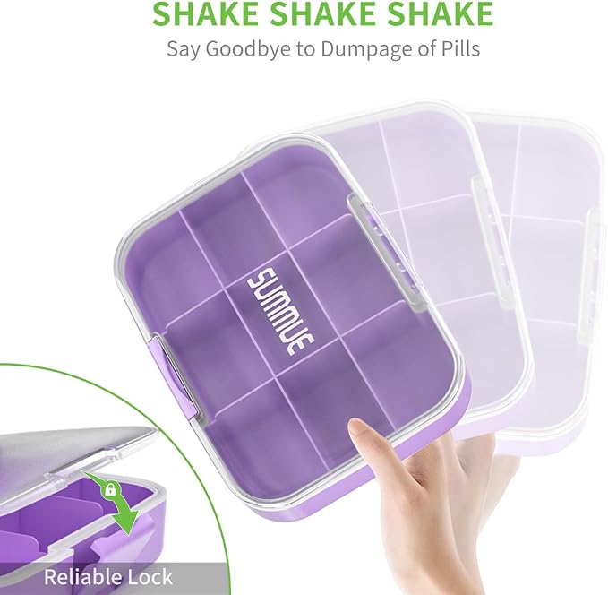 Large Pill Organizer, 9 Compartments Portable Travel Pill Box Case Moisture Proof, XL Pill Container Holder for Vitamins, Cod Liver Oil, Supplements, Medication (Purple)