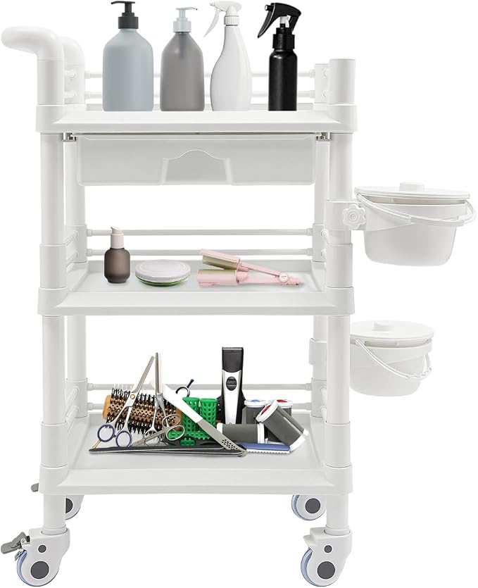 Mobile Salon Storage Cart with Wheel and Drawer, Portable 3-Tier Professional Trolleys, 176 Lbs Load Utility Tool, for Barber Stores, Spas, Homes, Beauty Store, Pet Shops