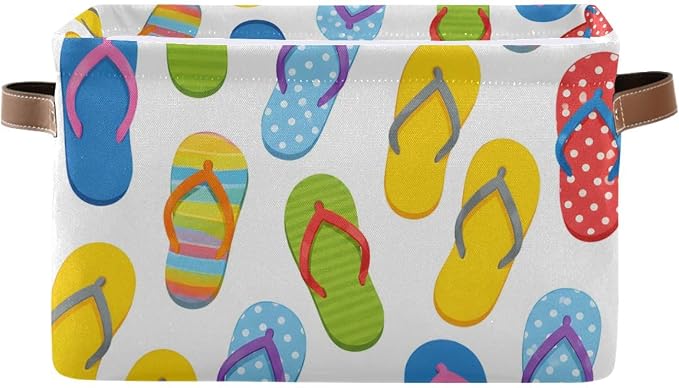 susiyo Large Foldable Storage Bin Summer Flip-Flops Fabric Storage Baskets Collapsible Decorative Baskets Organizing Basket Bin with PU Handles for Shelves Home Closet Bedroom Living Room-1Pack