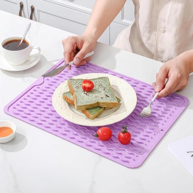 CAKETIME 2 Pack Multicolor Silicone Dish Drying Mat for Kitchen Counter Waterproof Place mats Cooking Appliance Laundry Machine Mat Trays Dryer Rack Drainers Items Extra Large 18"x16" Purple