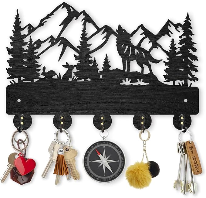 MAYJOYDIY Wolf Rabbit Forest Coat Hooks Wood Animal Moutain Key Holder Wall Mount 11.8×7.9inch Key Hanger Wall Art Decor 5 Alloy Hooks Black Key Rack Organizer for Gift Entryway Hallway Kitchen Room